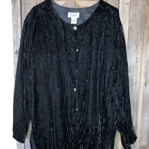 Sostanza black crushed velvet, long sleeve blouse, size Large